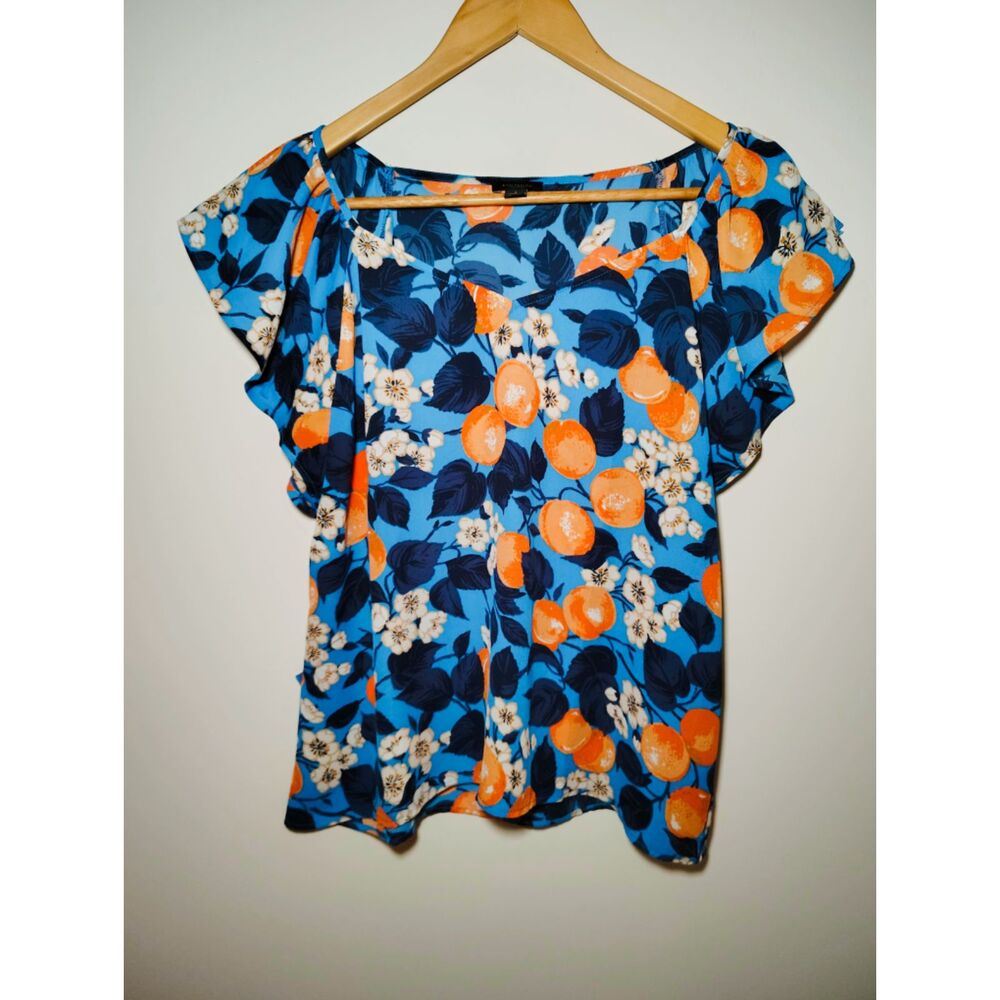 Ann Taylor Factory Oranges Fruit Print Blouse Blue Citrus Floral Flutter Sleeve